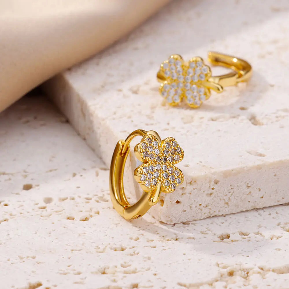 π Zircon Four Leaf Clover Earrings for Women | Stainless Steel Hoop Studs | Aesthetic Wedding & Party Jewelry Gift