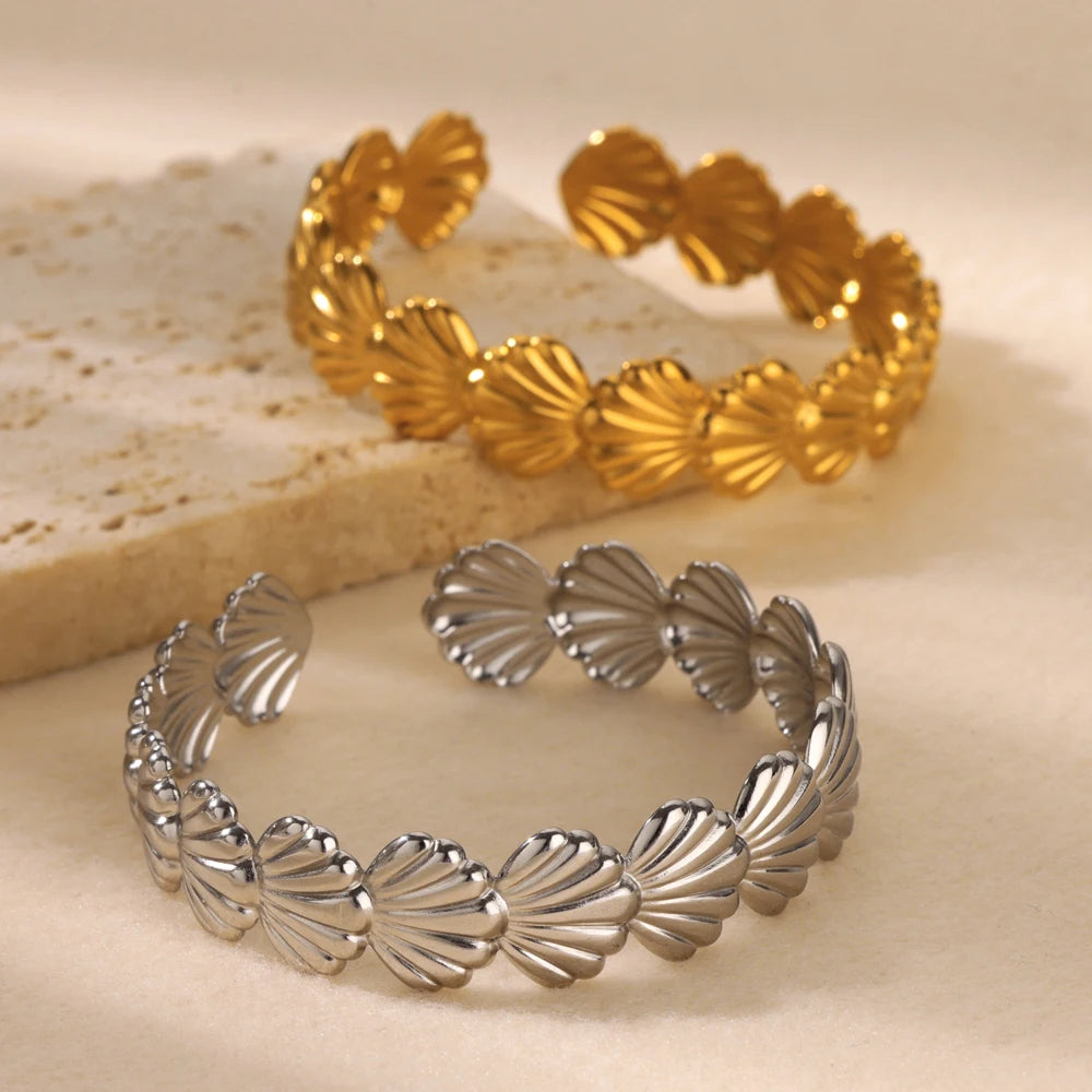 π Shell Cuff Bracelet for Women | Gold Color Stainless Steel Open Bangle | Luxury Summer Beach Jewelry Gift