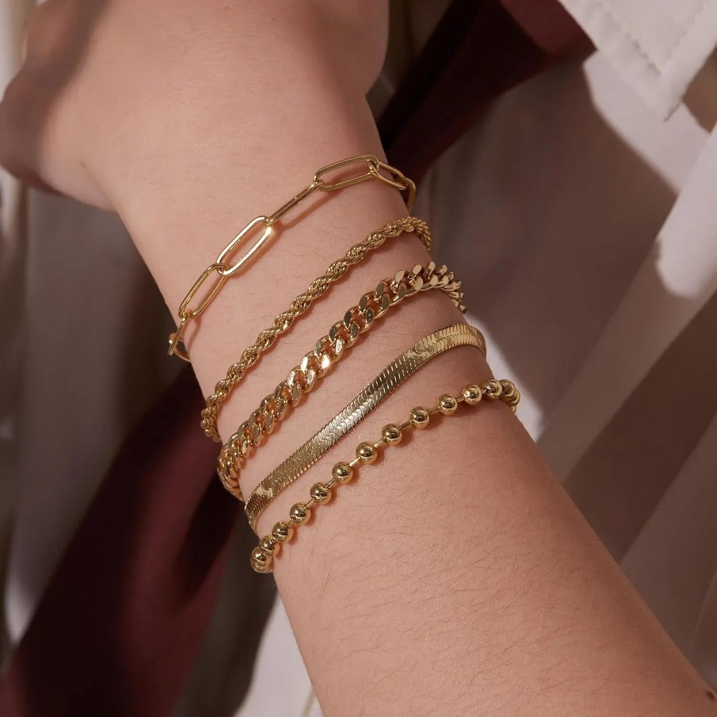 Gold Bracelet Set for Women | Beaded, Cuban, Paperclip, Snake & Rope Stack | Trendy Layered Charm Bracelets Gift