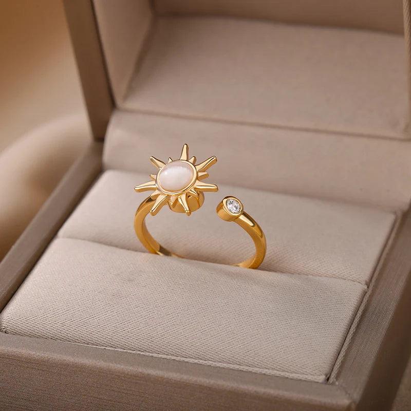 ✨ Rotating Sun Opal Ring for Women | Stainless Steel Adjustable Open Ring | Retro Party Jewelry Gift