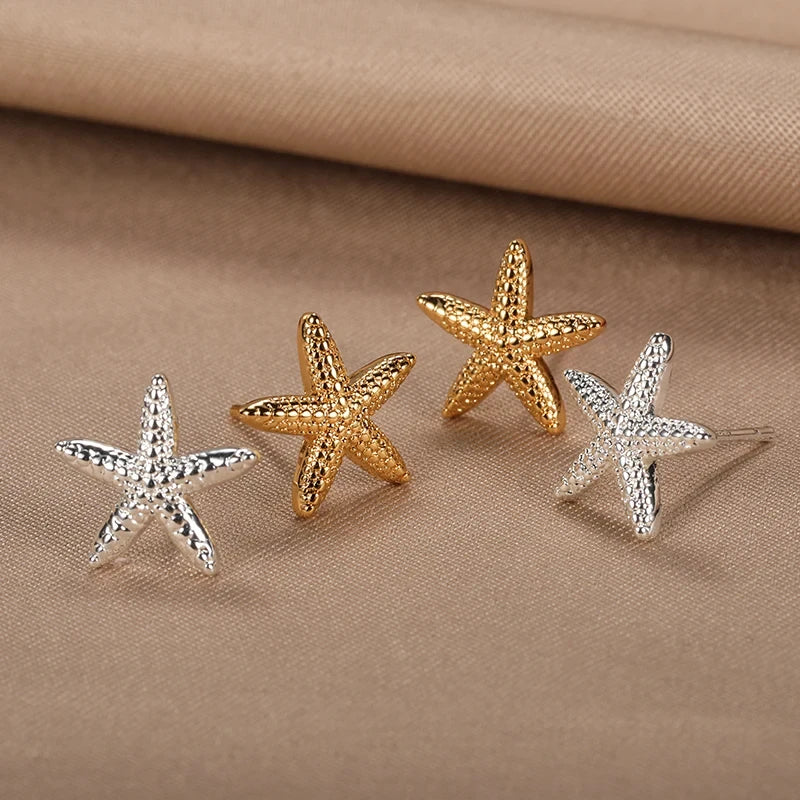 ✨ Vintage Starfish Stud Earrings for Women – Gold Stainless Steel Ocean-Inspired Jewelry | Summer Party & Gift 2025
