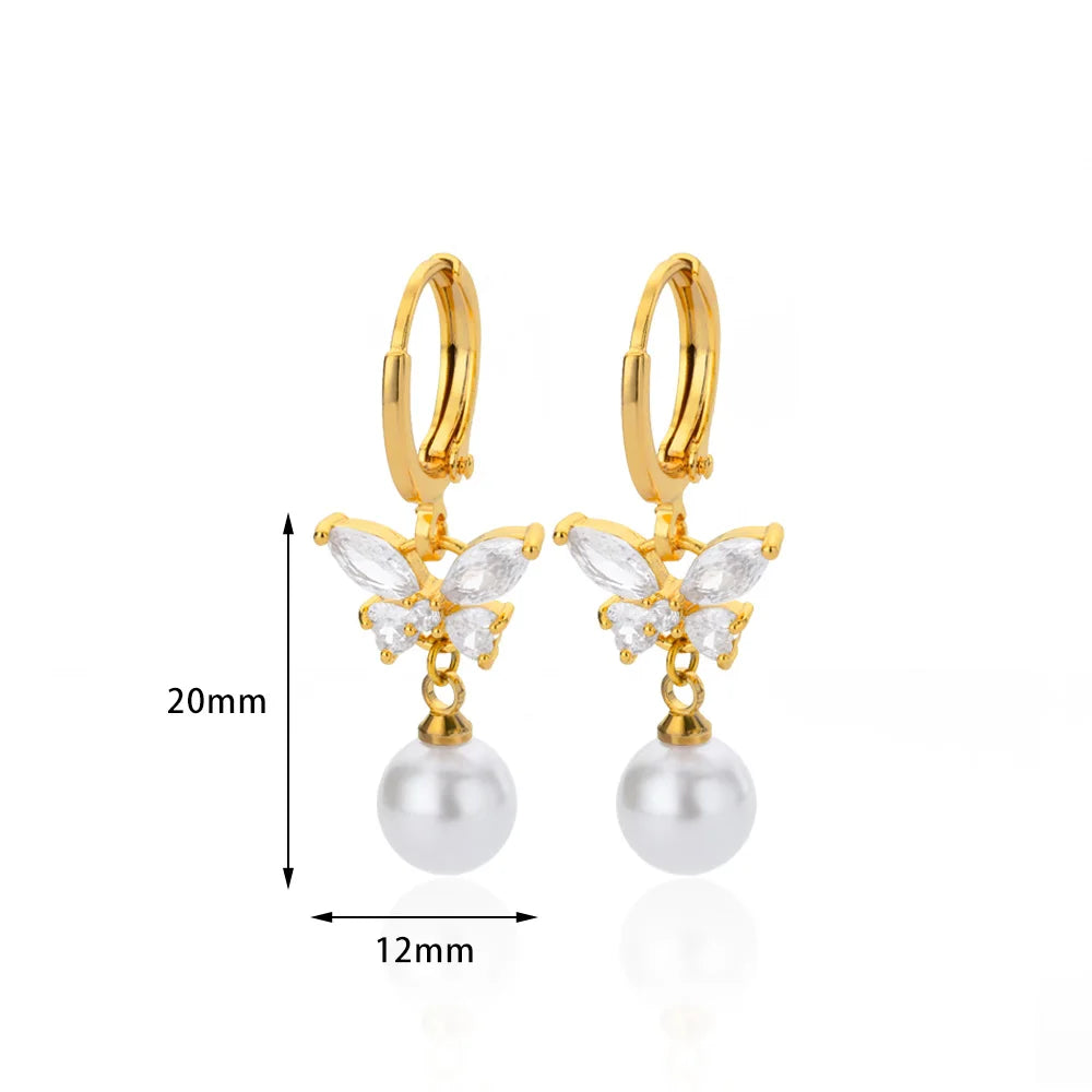 ✨ Gold-Plated Butterfly Zircon & Pearl Drop Earrings – Stainless Steel Luxury Jewelry for Women | Aesthetic Gift 2023