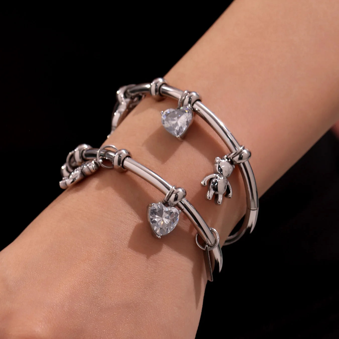 Liora Stainless Steel Little Bear & Heart Zircon Bangle – Women’s Gold Plated Bracelet | Romantic Wedding & Gift Jewelry