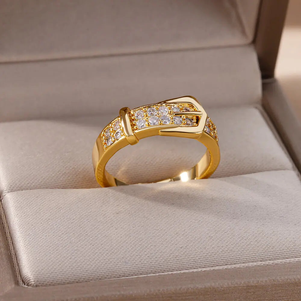 Stainless Steel Belt Ring – Gold-Plated Adjustable Zircon Women’s Geometric Wedding Jewelry