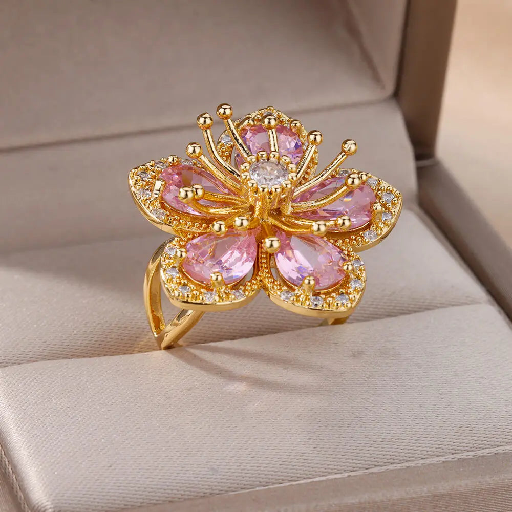 Pink Zircon Flower Ring – Gold Stainless Steel Floral Jewelry for Women