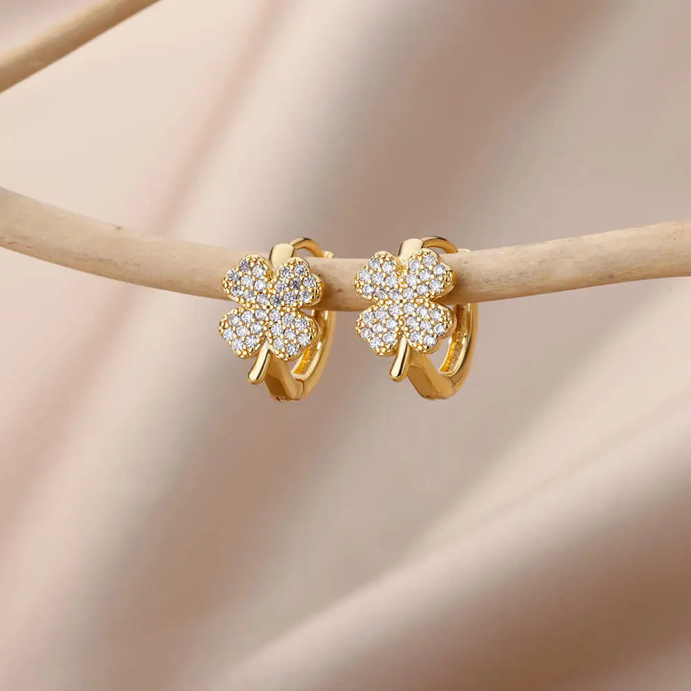 π Zircon Four Leaf Clover Earrings for Women | Stainless Steel Hoop Studs | Aesthetic Wedding & Party Jewelry Gift