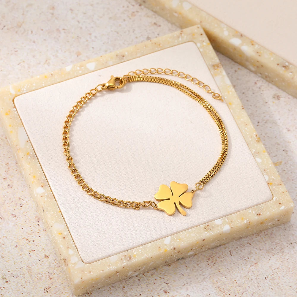 Stainless Steel Lucky Clover Bracelet for Women | Non-Fading High-Polished Pendant | Trendy Hip Hop Everyday Jewelry Gift