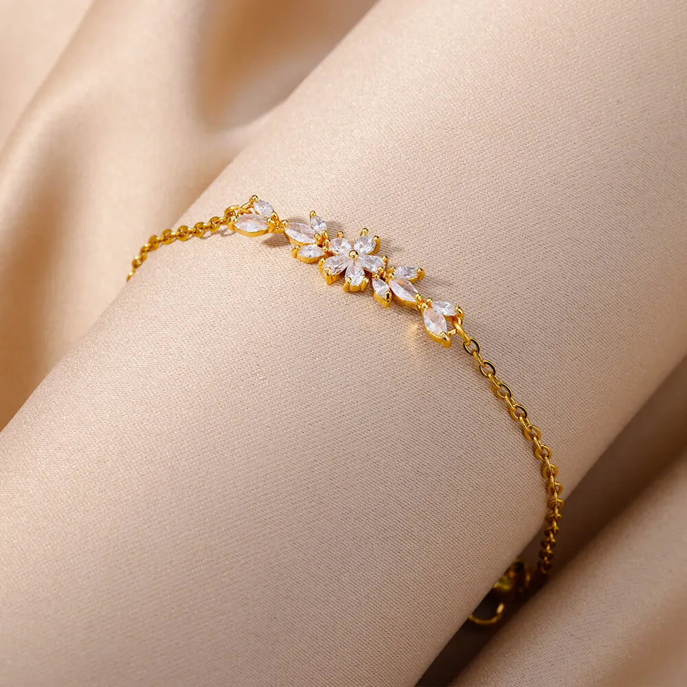🌸 Elegant Zircon Flower Charm Bracelet for Women | Gold Color Stainless Steel Plant Design Luxury Jewelry Gift