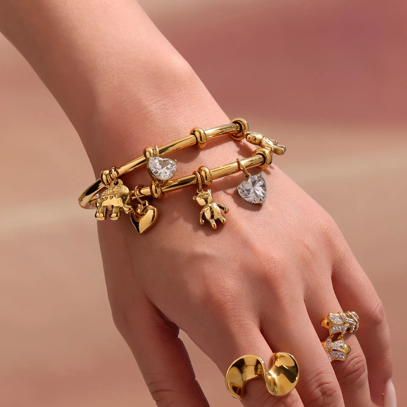 Liora Stainless Steel Little Bear & Heart Zircon Bangle – Women’s Gold Plated Bracelet | Romantic Wedding & Gift Jewelry