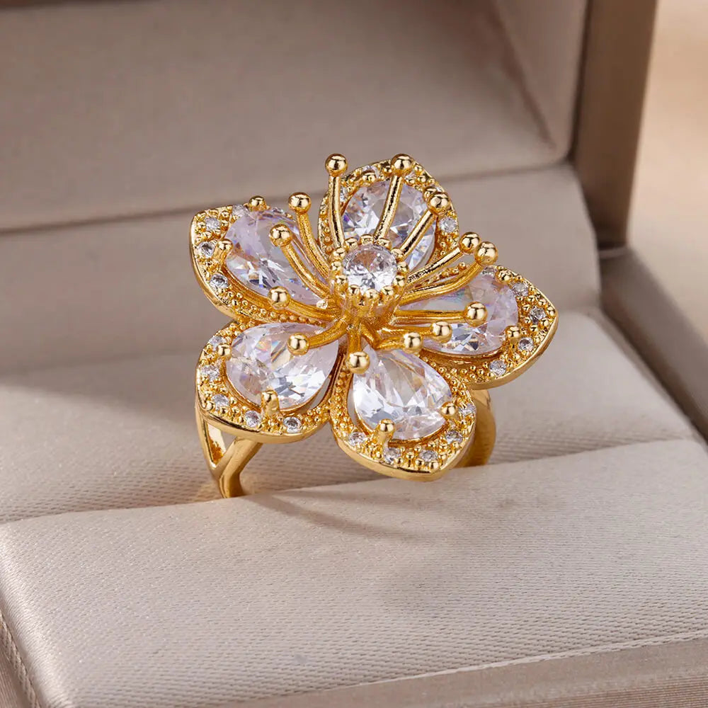 Pink Zircon Flower Ring – Gold Stainless Steel Floral Jewelry for Women
