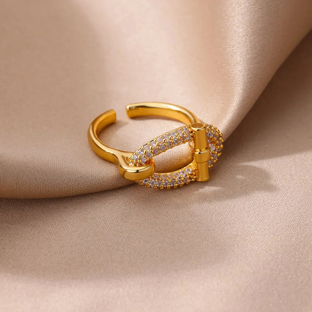 Elegant Gold Oval Zircon Open Ring – Stainless Steel Wedding & Friendship Jewelry for Women