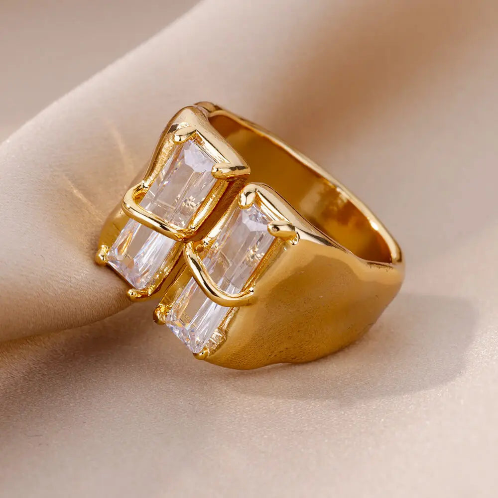Irregular Square Zircon Ring – Gold Plated Stainless Steel Adjustable Wedding & Party Jewelry for Women