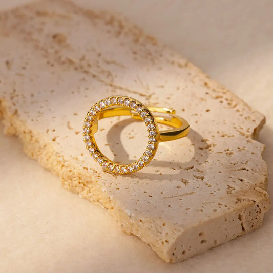 Fashion Zircon Hollow Round Rings for Women Stainless Steel Gold Color Adjustable Wedding Ring Aesthetic Jewelry Gift anillos