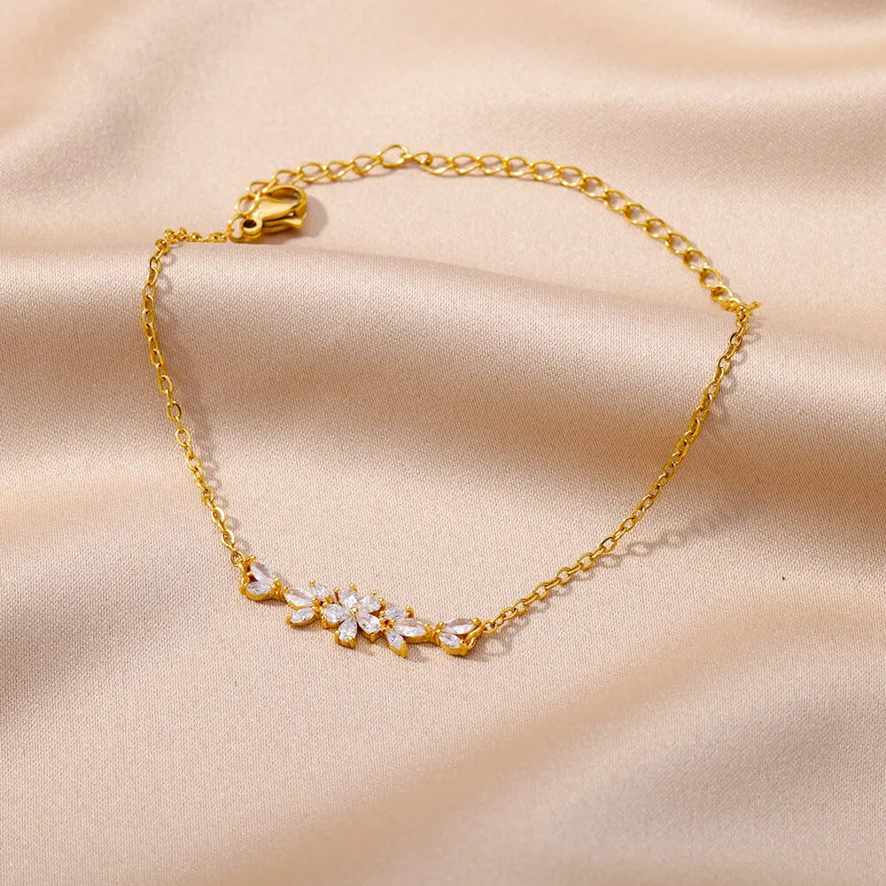 🌸 Elegant Zircon Flower Charm Bracelet for Women | Gold Color Stainless Steel Plant Design Luxury Jewelry Gift
