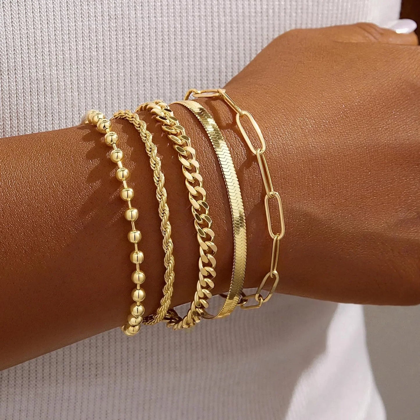 Gold Bracelet Set for Women | Beaded, Cuban, Paperclip, Snake & Rope Stack | Trendy Layered Charm Bracelets Gift