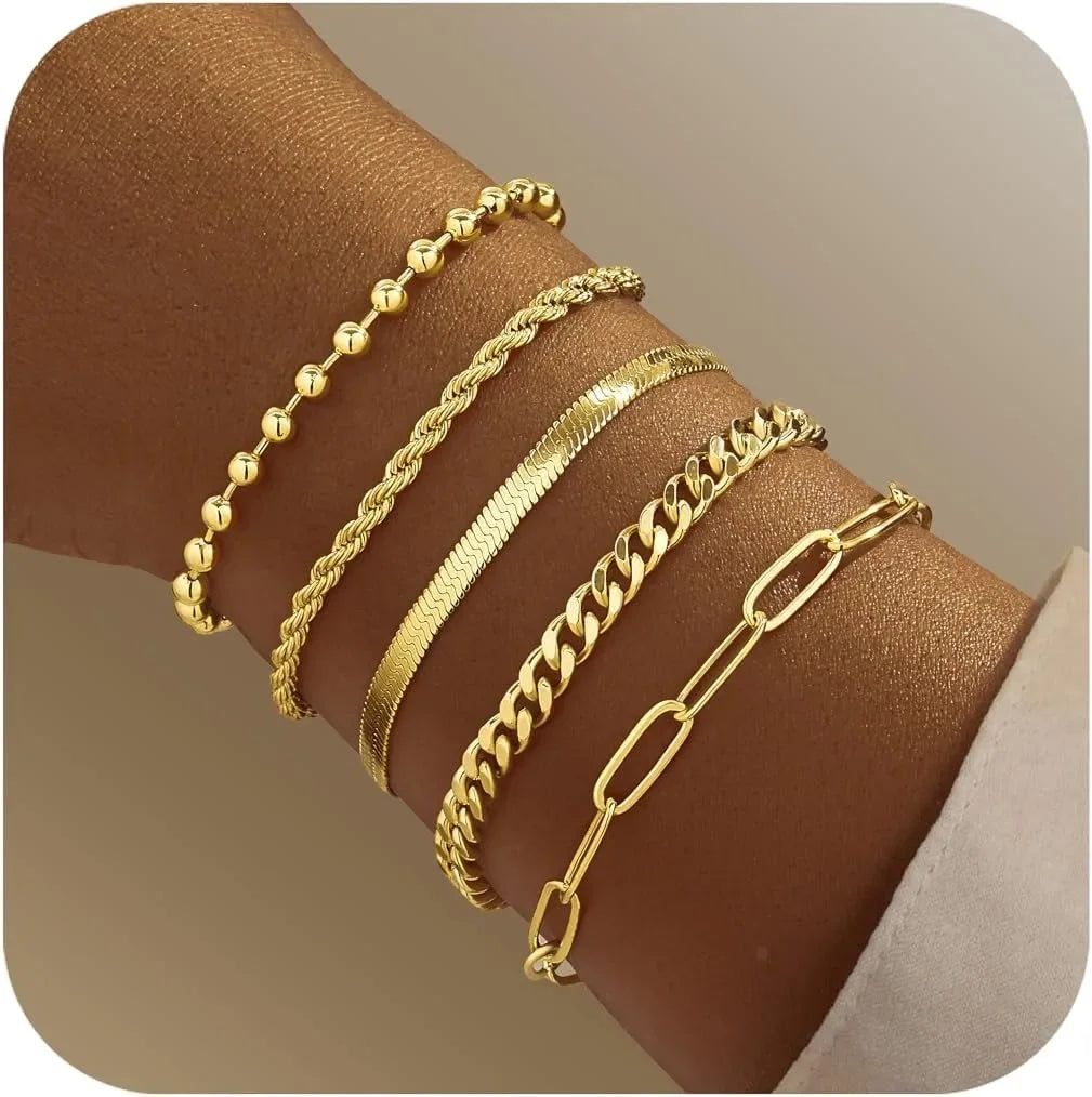 Gold Bracelet Set for Women | Beaded, Cuban, Paperclip, Snake & Rope Stack | Trendy Layered Charm Bracelets Gift