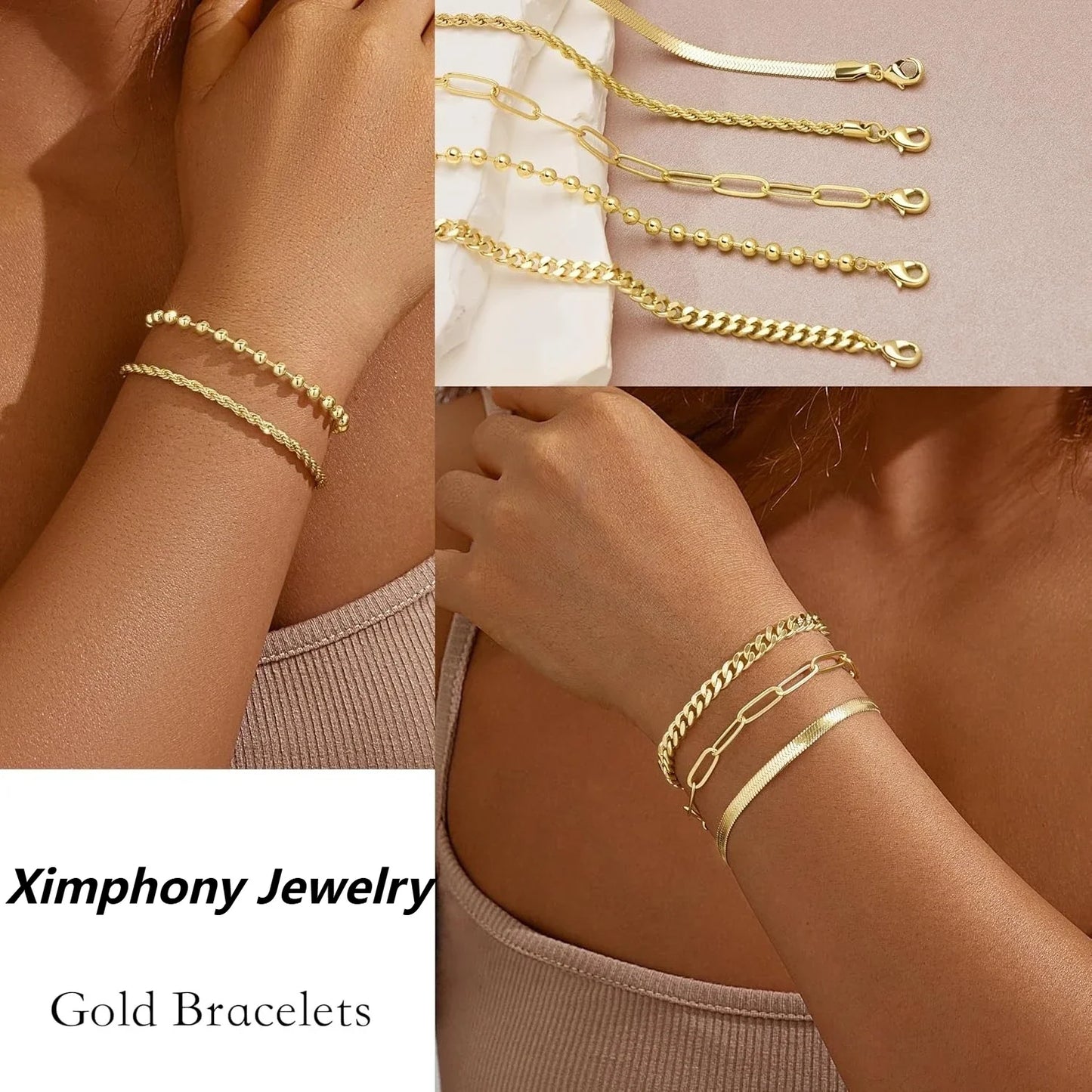 Gold Bracelet Set for Women | Beaded, Cuban, Paperclip, Snake & Rope Stack | Trendy Layered Charm Bracelets Gift