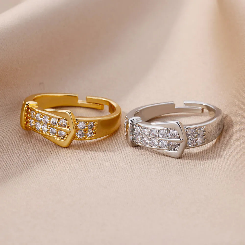 Stainless Steel Belt Ring – Gold-Plated Adjustable Zircon Women’s Geometric Wedding Jewelry
