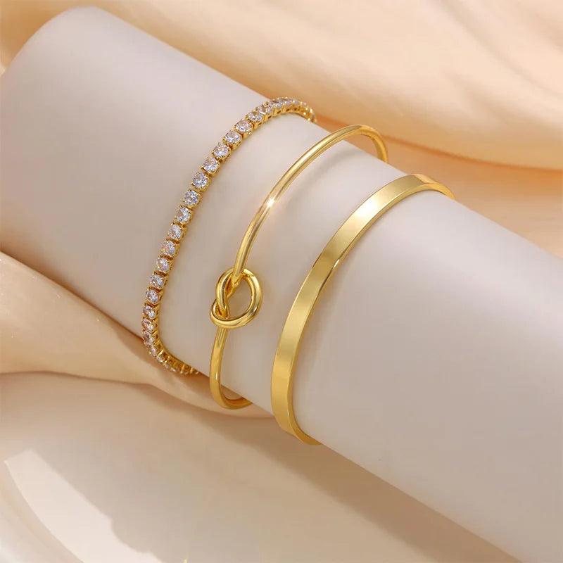 3pcs Stainless Steel Gold Plated Bracelet Set – Adjustable Luxury Zircon Bangles for Women | Trendy Jewelry Gifts