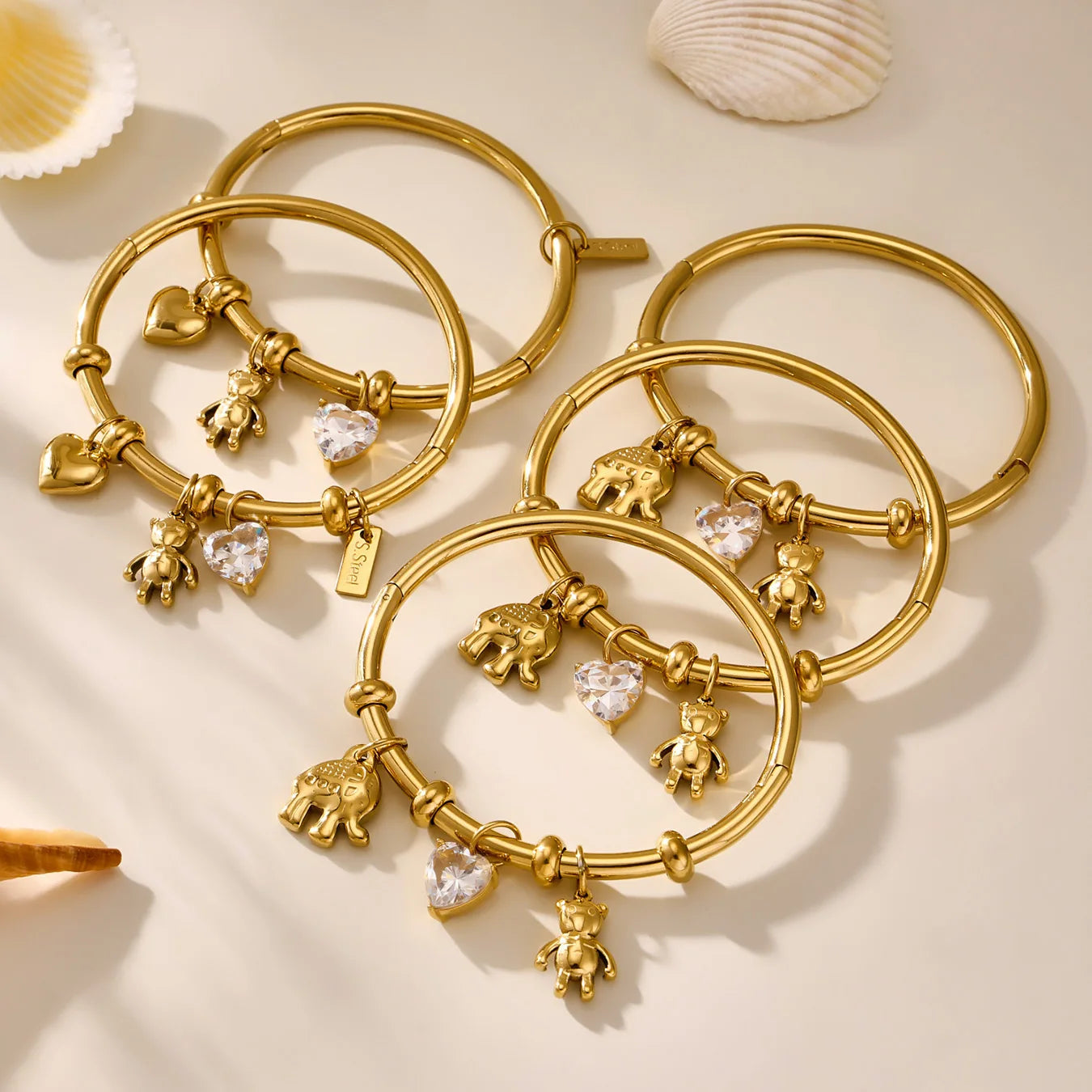 Liora Stainless Steel Little Bear & Heart Zircon Bangle – Women’s Gold Plated Bracelet | Romantic Wedding & Gift Jewelry