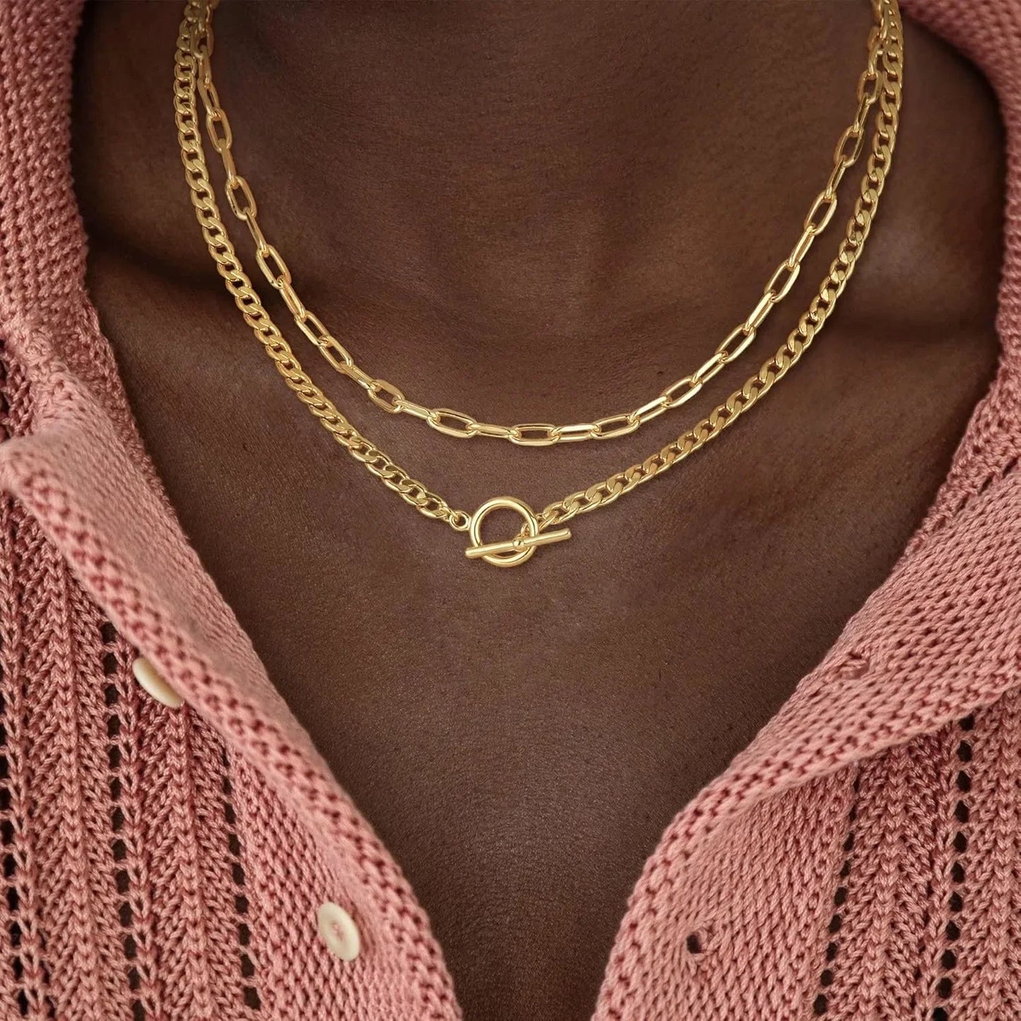 ✨ Gold Layered Necklace for Women – K Gold Plated Cuban Link & Paperclip Chain with Toggle Clasp | Trendy Jewelry Gift