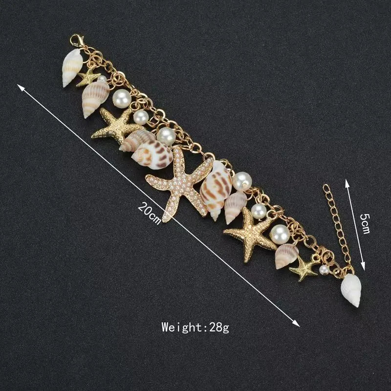 Gold Starfish & Conch Charm Bracelet | Imitation Pearl & Natural Shell | Cute Summer Y2K Fashion Jewelry