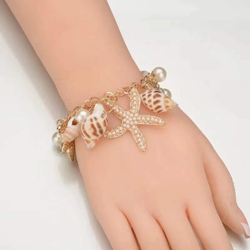 Gold Starfish & Conch Charm Bracelet | Imitation Pearl & Natural Shell | Cute Summer Y2K Fashion Jewelry
