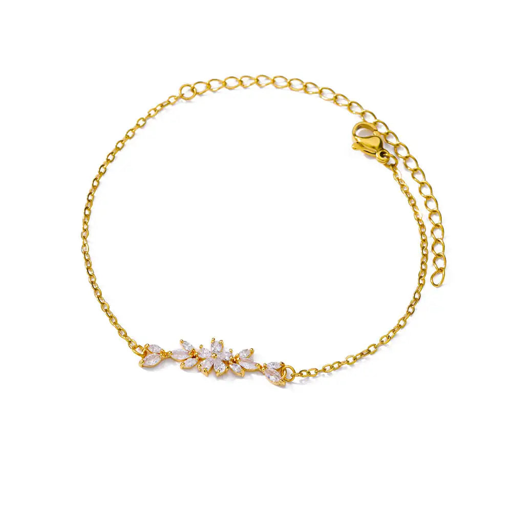 🌸 Elegant Zircon Flower Charm Bracelet for Women | Gold Color Stainless Steel Plant Design Luxury Jewelry Gift