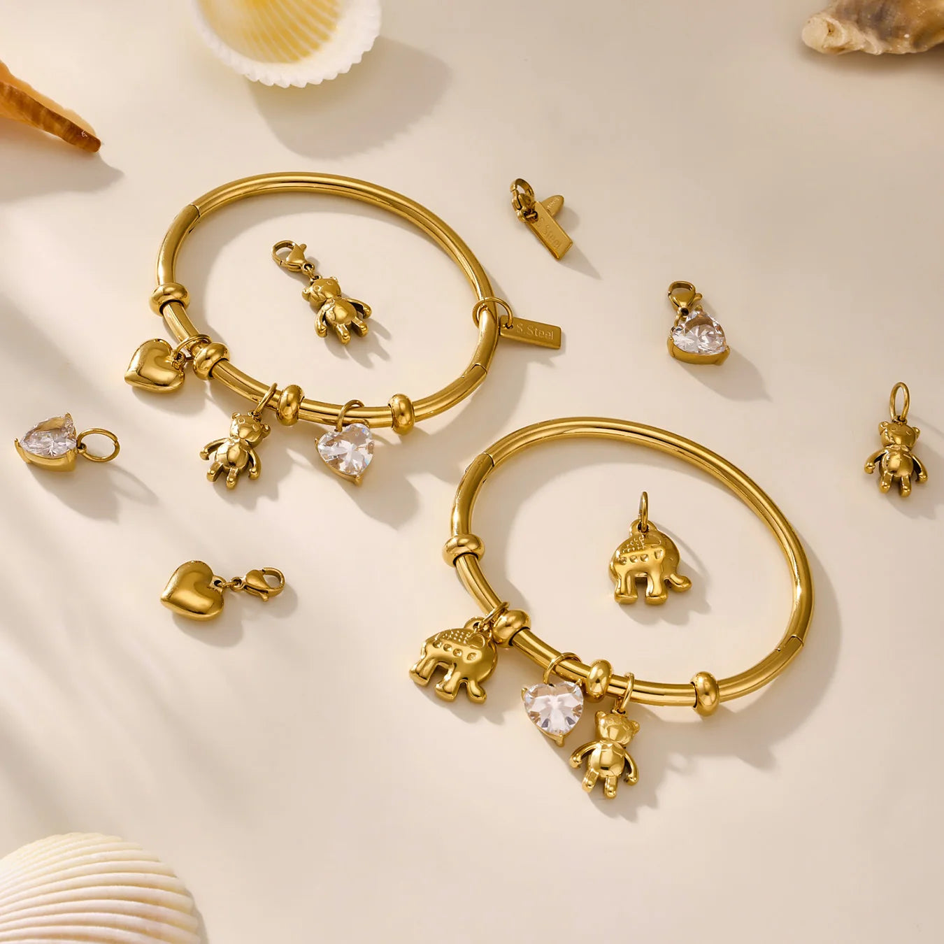 Liora Stainless Steel Little Bear & Heart Zircon Bangle – Women’s Gold Plated Bracelet | Romantic Wedding & Gift Jewelry
