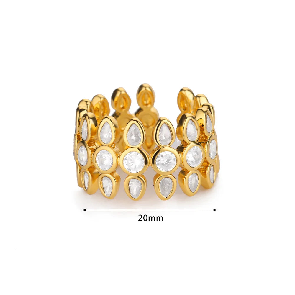 White Zircon Geometric Gold Stainless Steel Adjustable Ring for Women