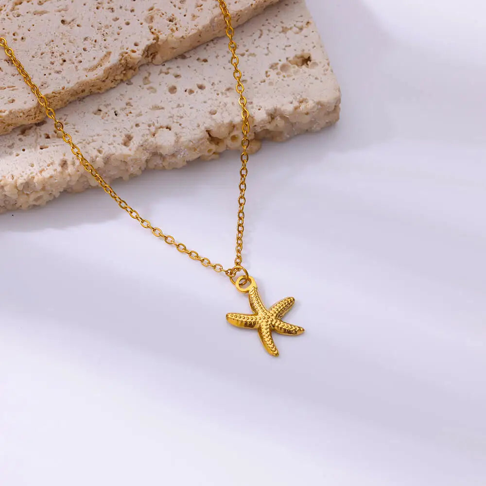 ✨ Vintage Starfish & Shell Necklace for Women – Gold Stainless Steel Ocean Pendant | Summer Jewelry Gift for BFF