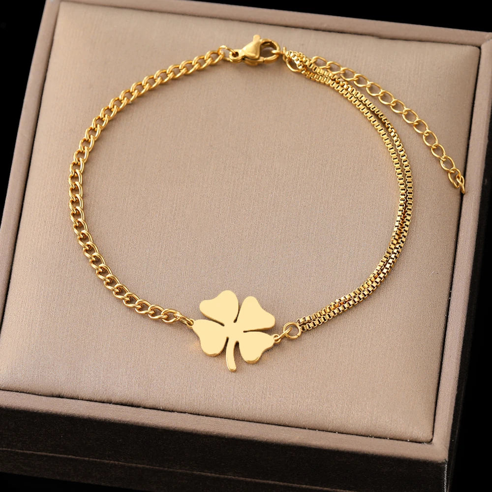 Stainless Steel Lucky Clover Bracelet for Women | Non-Fading High-Polished Pendant | Trendy Hip Hop Everyday Jewelry Gift