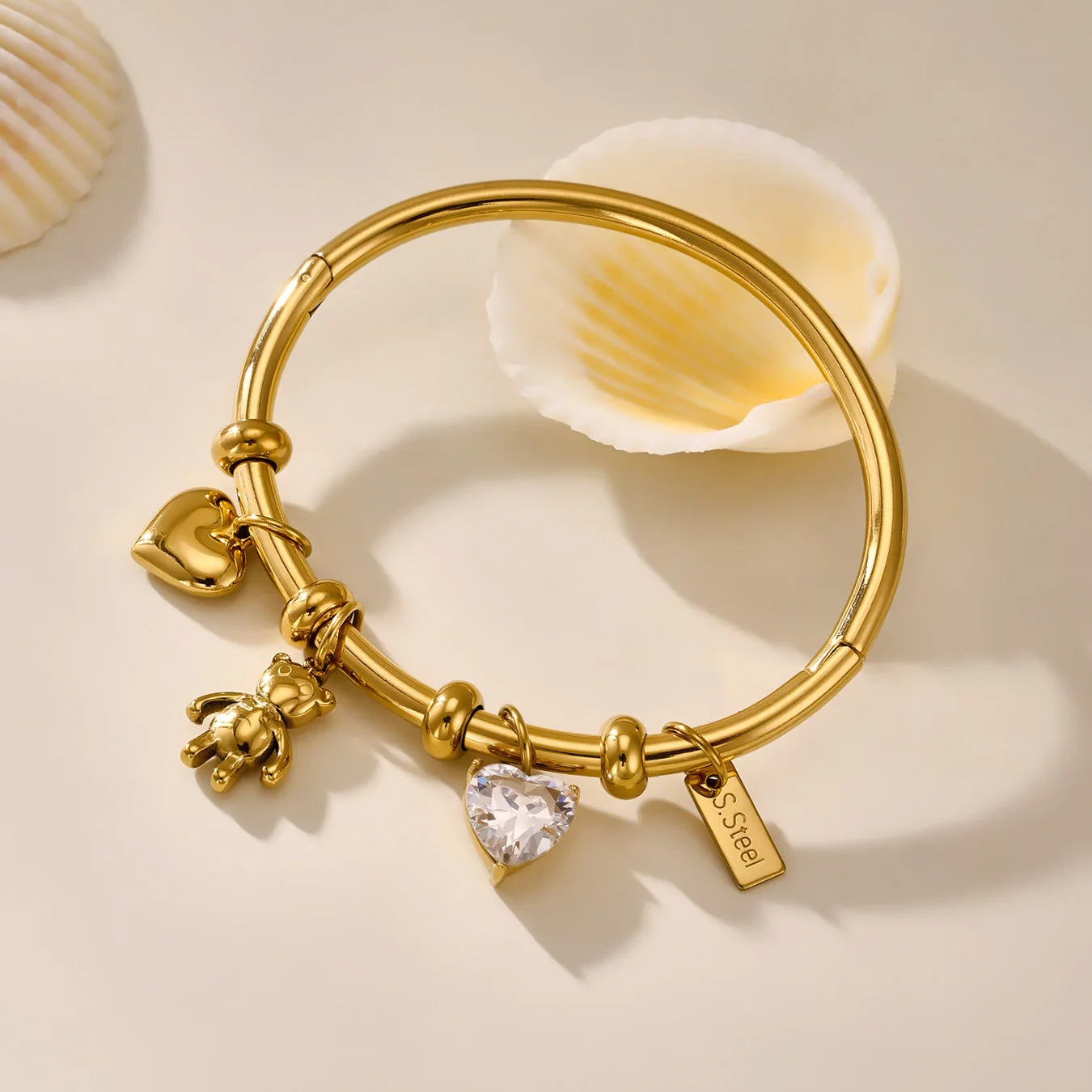 Liora Stainless Steel Little Bear & Heart Zircon Bangle – Women’s Gold Plated Bracelet | Romantic Wedding & Gift Jewelry