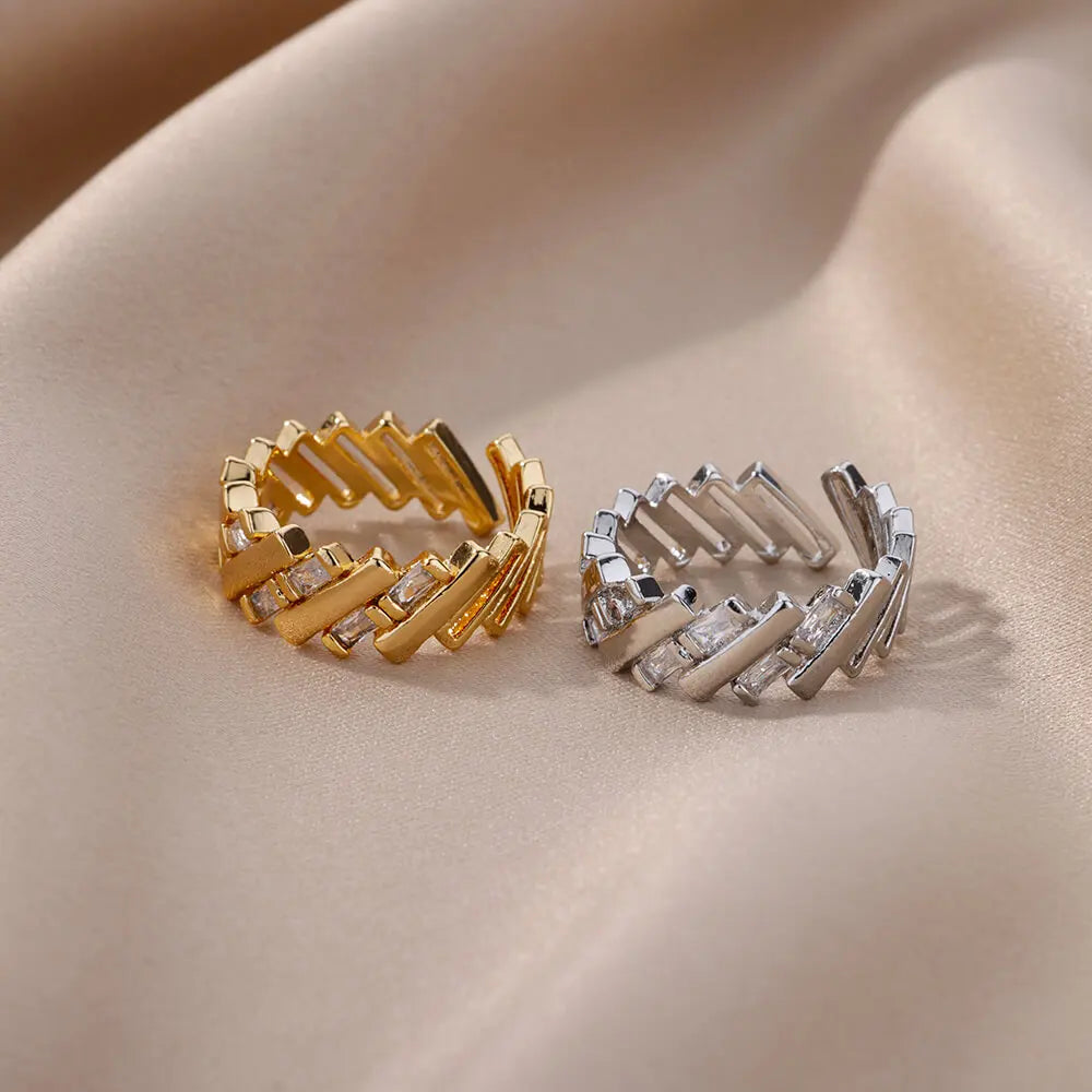 Gold Zircon Bar Open Ring – Stainless Steel Adjustable Luxury Wedding Jewelry for Women