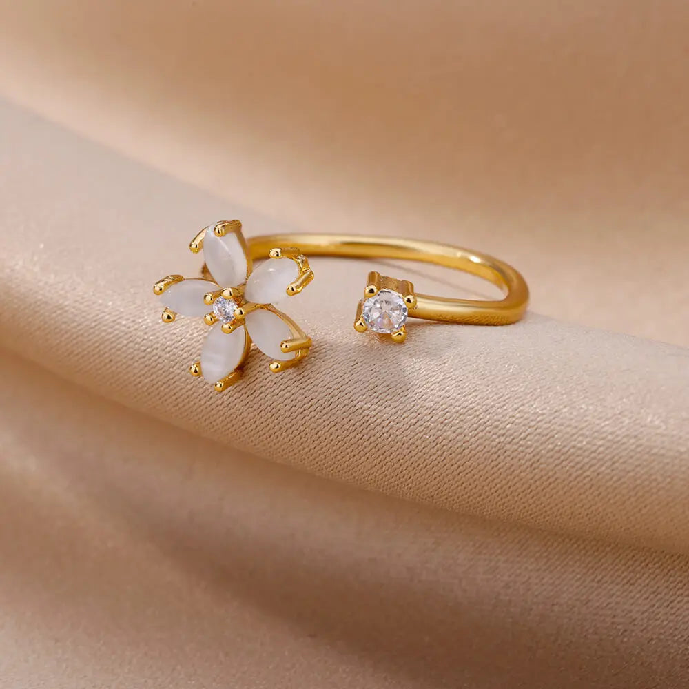 Opal Flower Open Ring – Stainless Steel Cubic Zirconia Wedding & Floral Jewelry for Women
