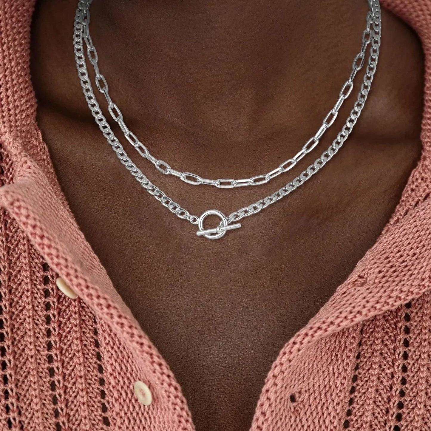 ✨ Gold Layered Necklace for Women – K Gold Plated Cuban Link & Paperclip Chain with Toggle Clasp | Trendy Jewelry Gift