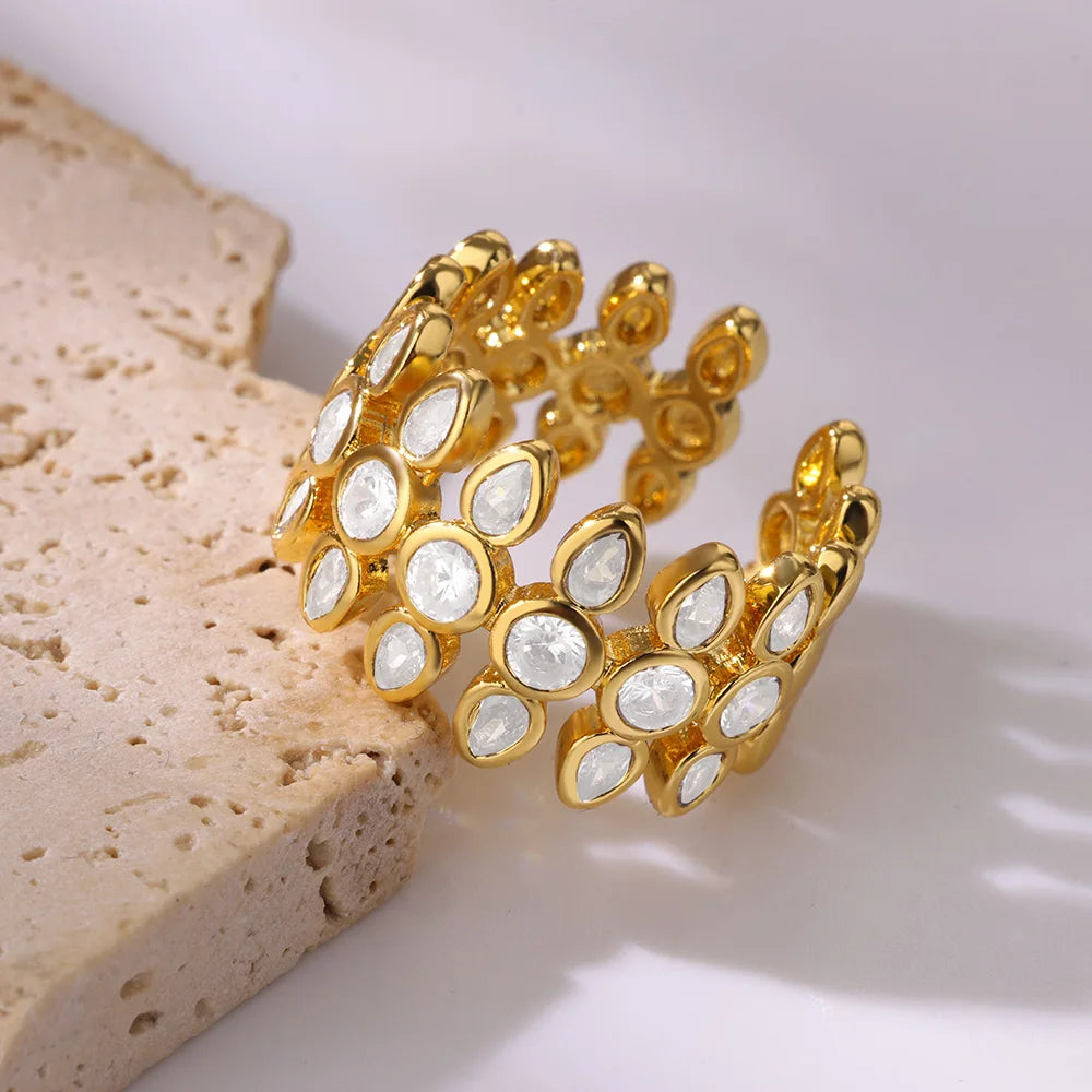 White Zircon Geometric Gold Stainless Steel Adjustable Ring for Women