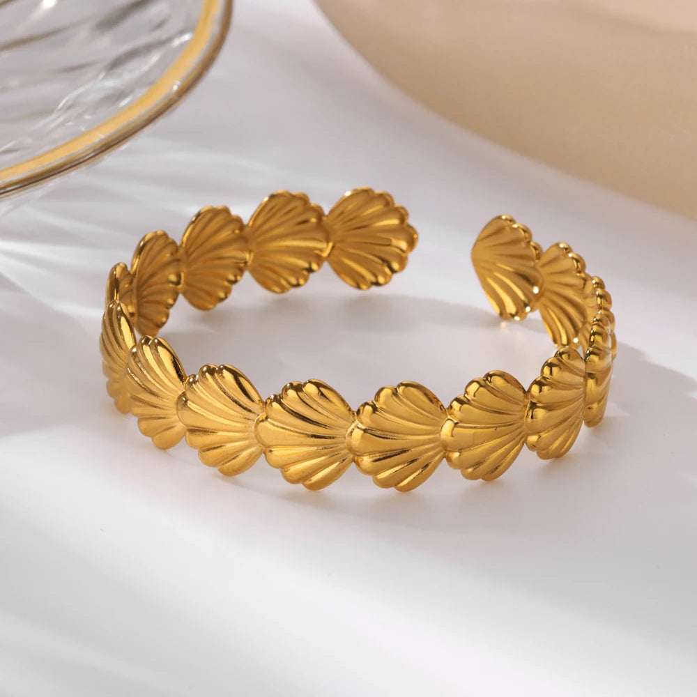 π Shell Cuff Bracelet for Women | Gold Color Stainless Steel Open Bangle | Luxury Summer Beach Jewelry Gift