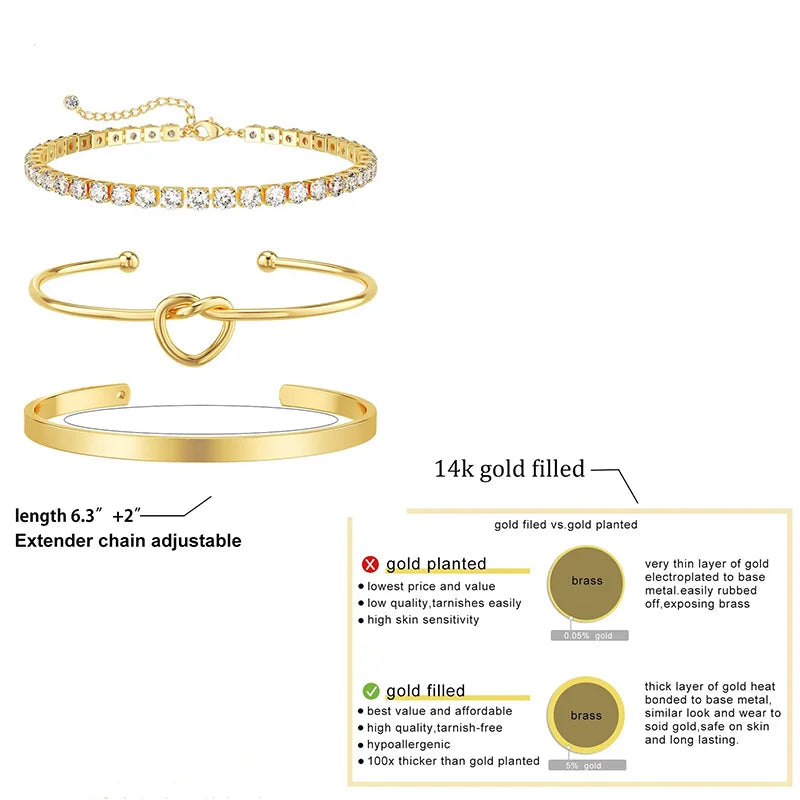 3pcs Stainless Steel Gold Plated Bracelet Set – Adjustable Luxury Zircon Bangles for Women | Trendy Jewelry Gifts