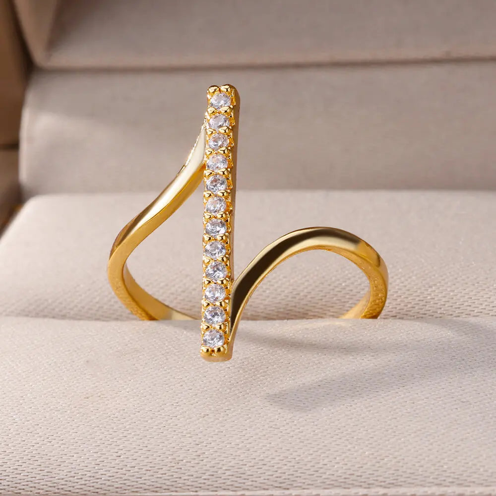 Luxury Gold Geometric Zircon Open Ring – 18K Plated Stainless Steel Wedding & Party Jewelry for Women