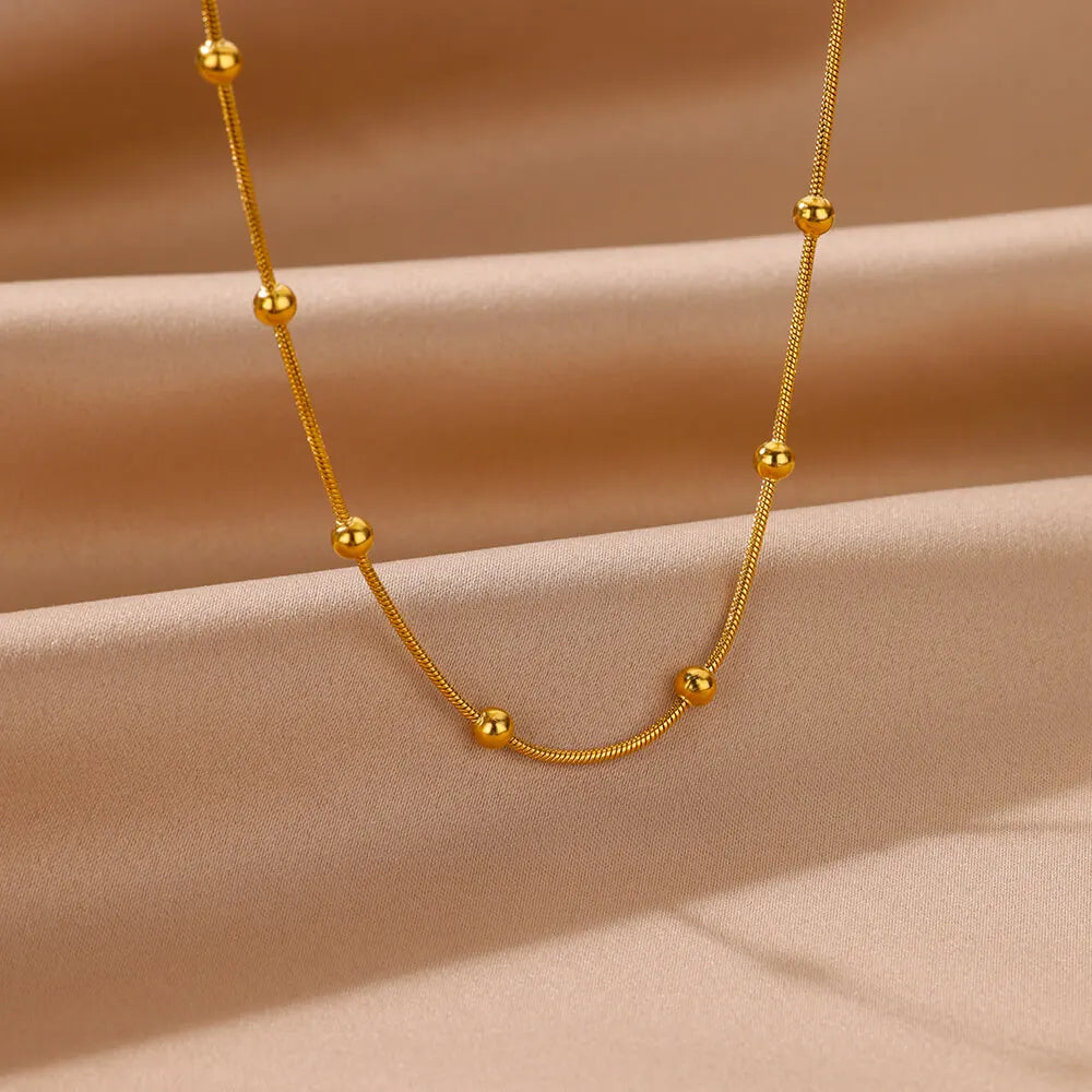 ✨ Stainless Steel Beaded Round Snake Chain Necklace – Gold Geometric Pendant for Women | Luxury Wedding & Party Jewelry Gift BFF