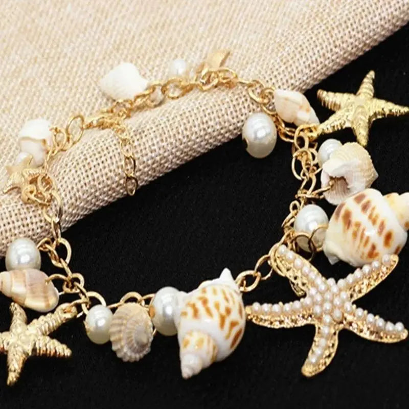 Gold Starfish & Conch Charm Bracelet | Imitation Pearl & Natural Shell | Cute Summer Y2K Fashion Jewelry