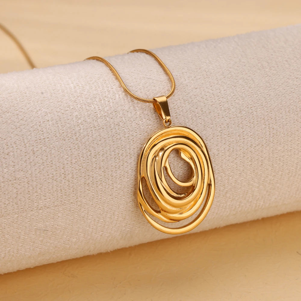 ✨ Hollow Geometric Oval Pendant Necklace for Women – Gold Color Stainless Steel | Trendy Party & Wedding Jewelry Gift