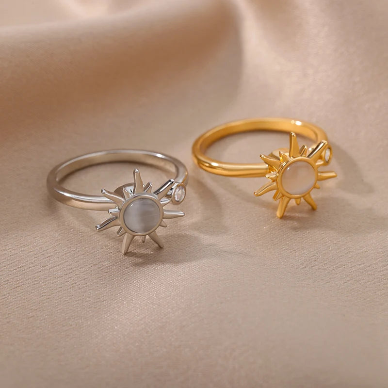 ✨ Rotating Sun Opal Ring for Women | Stainless Steel Adjustable Open Ring | Retro Party Jewelry Gift