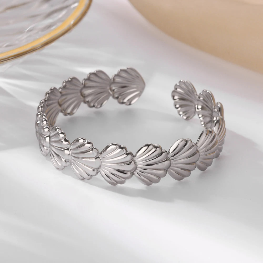 π Shell Cuff Bracelet for Women | Gold Color Stainless Steel Open Bangle | Luxury Summer Beach Jewelry Gift