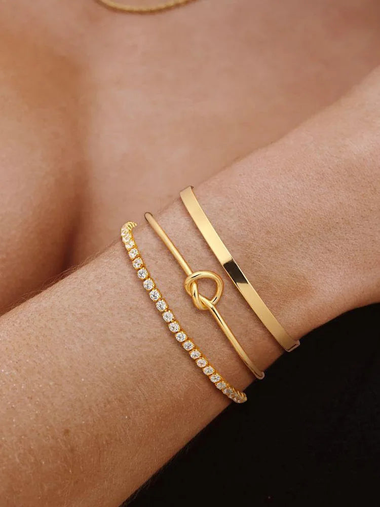 3pcs Stainless Steel Gold Plated Bracelet Set – Adjustable Luxury Zircon Bangles for Women | Trendy Jewelry Gifts