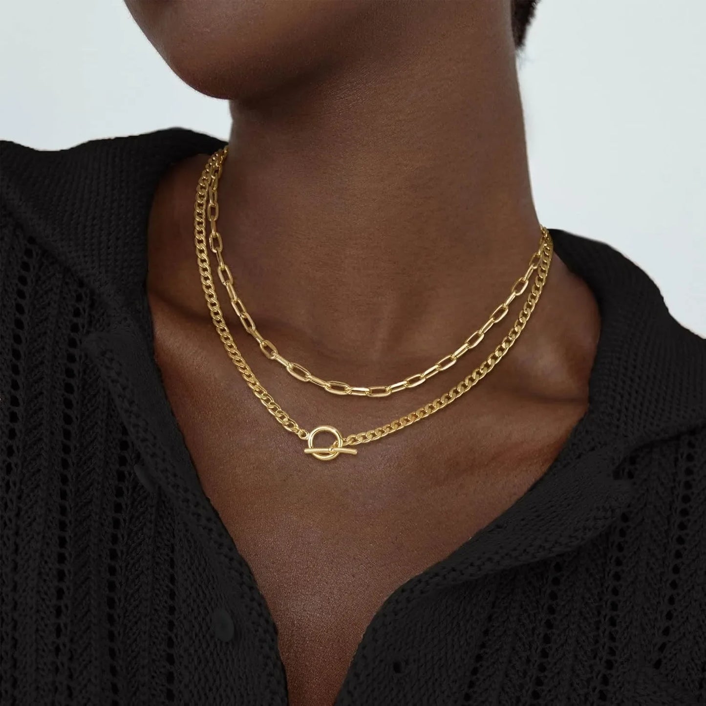 ✨ Gold Layered Necklace for Women – K Gold Plated Cuban Link & Paperclip Chain with Toggle Clasp | Trendy Jewelry Gift