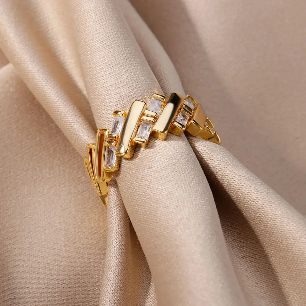 Gold Zircon Bar Open Ring – Stainless Steel Adjustable Luxury Wedding Jewelry for Women