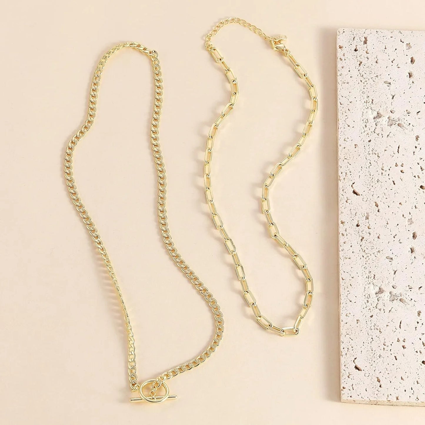 ✨ Gold Layered Necklace for Women – K Gold Plated Cuban Link & Paperclip Chain with Toggle Clasp | Trendy Jewelry Gift