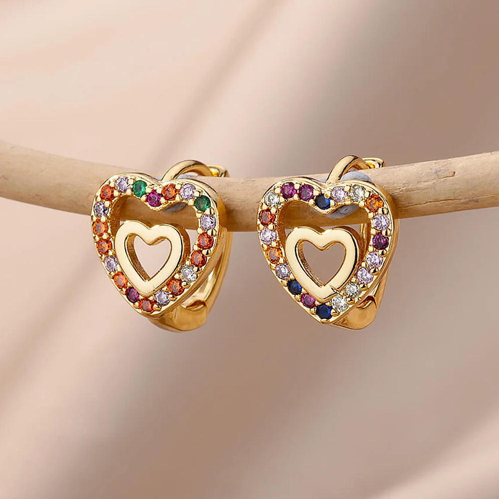 ✨ Hollow Zircon Heart Earrings for Women – Gold Stainless Steel Luxury Studs | Wedding, Couple & Gift Jewelry